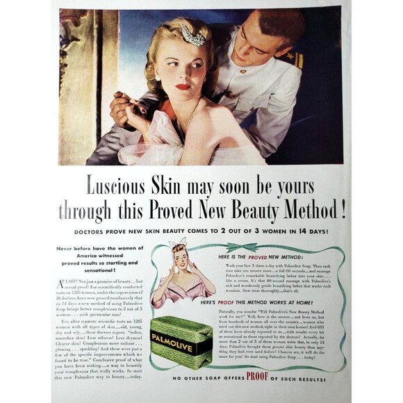 PRINT AD 1943 Palmolive Soap Luscious Skin Glamorous Woman w Handsome Soldier - Picture 1 of 3